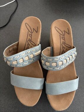 Zodiac Light Blue Double-Strap Wedge Sandals with Woven Detail